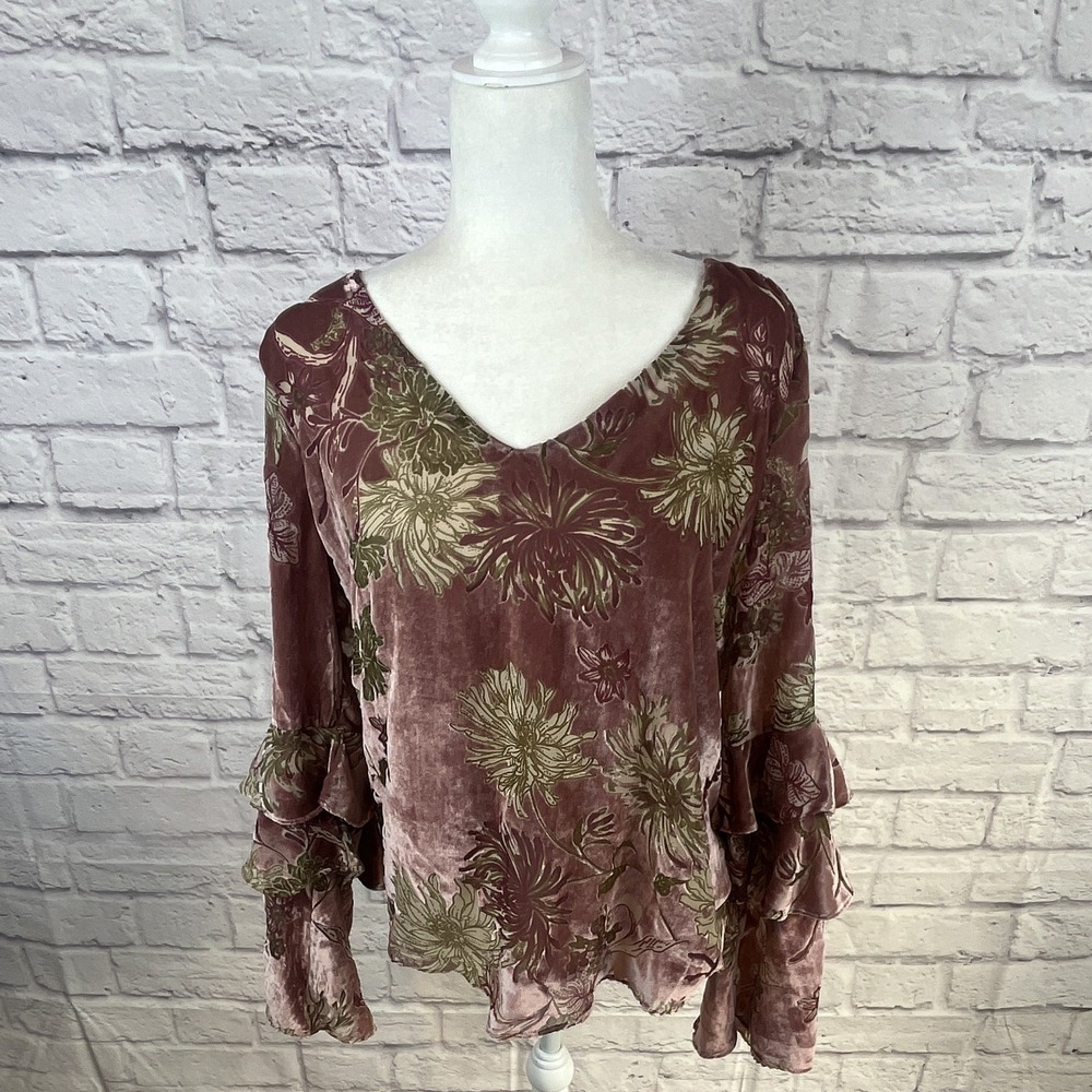 Miss Me Whimsigoth Floral Burnout Velvet Ruffle Bell Sleeve Blouse Size L Boho